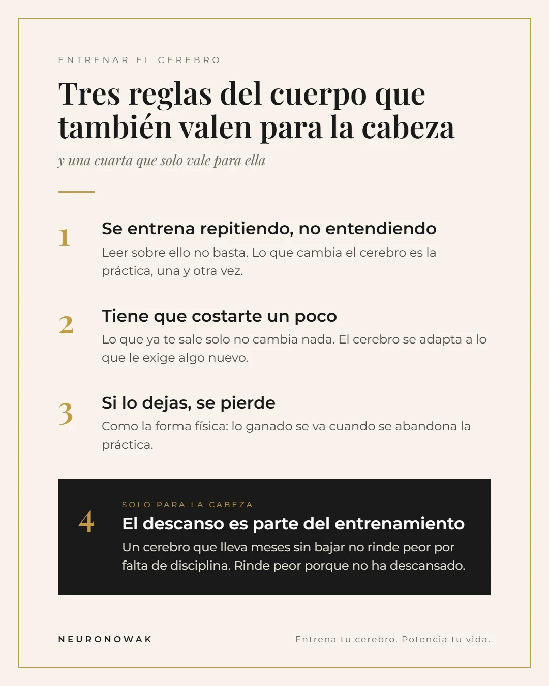 Infografía: tres reglas del entrenamiento físico que también valen para entrenar el cerebro (repetir, que cueste un poco, si se deja se pierde) y una cuarta: el descanso es parte del entrenamiento
