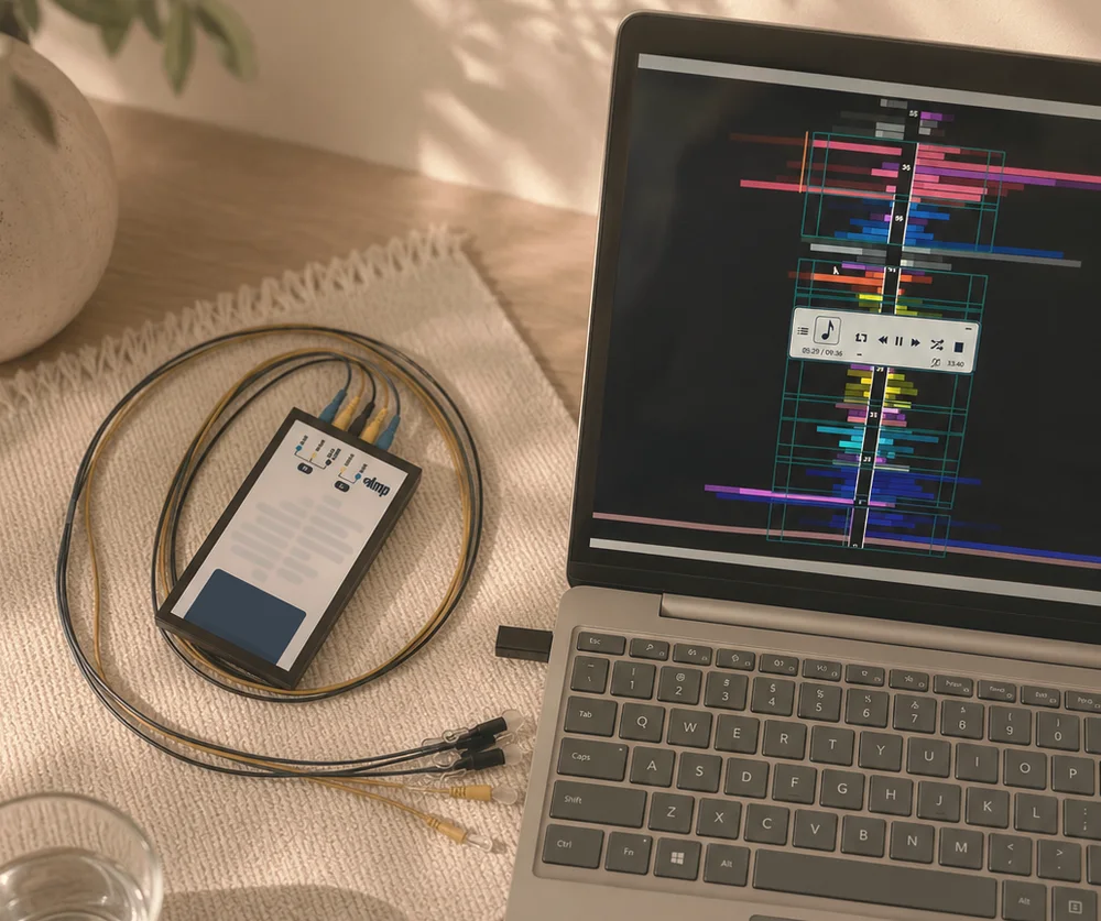 El equipo de neurofeedback: sensores, amplificador y la sesión en la pantalla