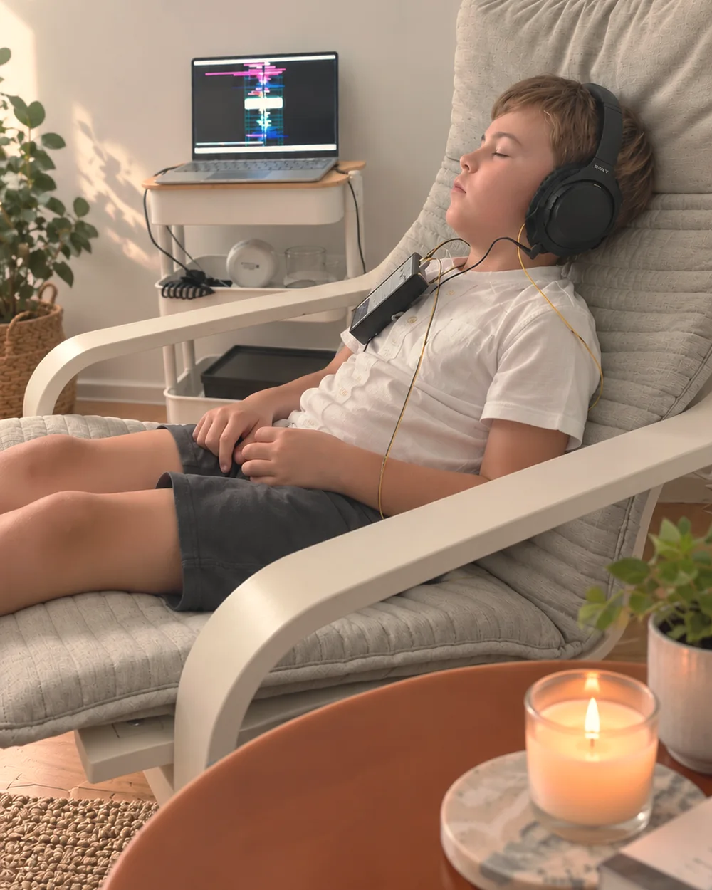 Un niño en una sesión de neurofeedback, con auriculares